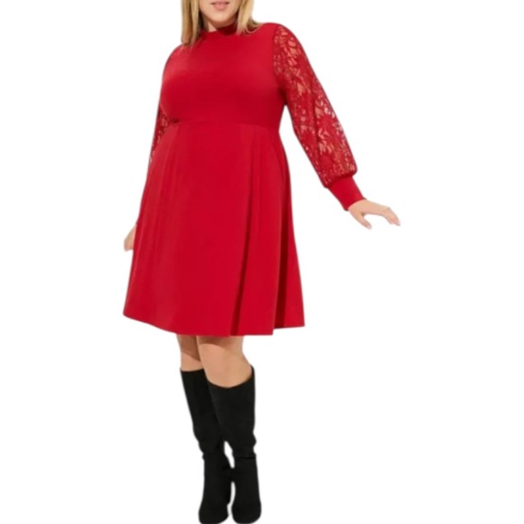 torrid Dresses & Skirts - Torrid Red Lace Sleeve Mock Neck Skater Dress Plus Size 3X NWT Knee Length